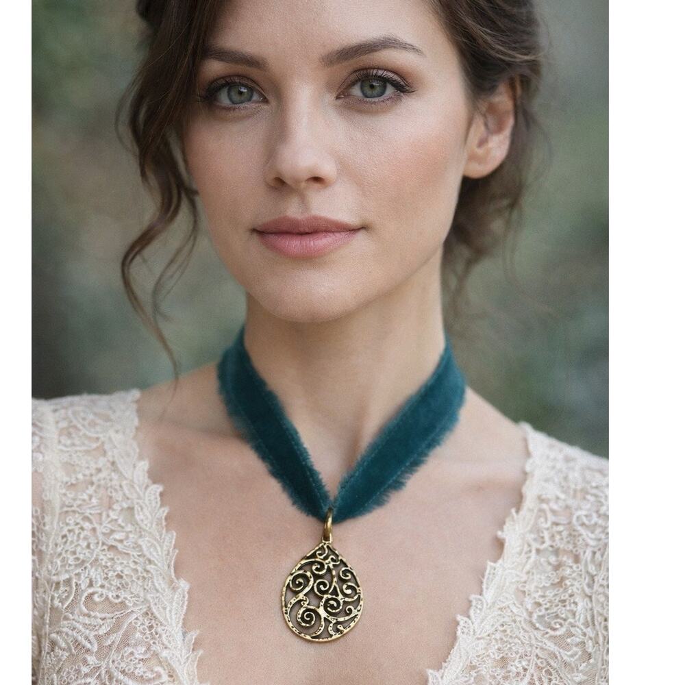 Handmade/upcycled gold filigree pear shaped pendant  necklace with teal ribbon